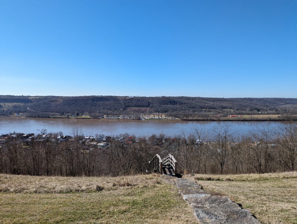 A view from the John Rankin House to the Ohio River, showing the top of the 100 stairs to Liberty.